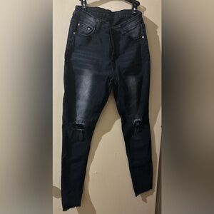 Ripped high rise jeans.